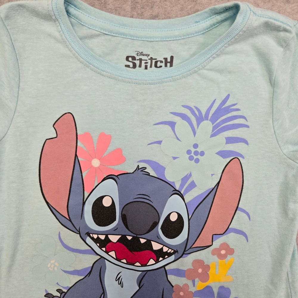 Disney Stitch Girls M Blue Tropical Floral Graphic Tee Hawaiian Y2K Lilo